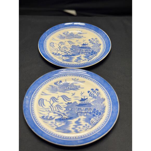 Set of 2 Vintage Japanese Blue and White Transferware Plates – 7.5" - Picture 1 of 12